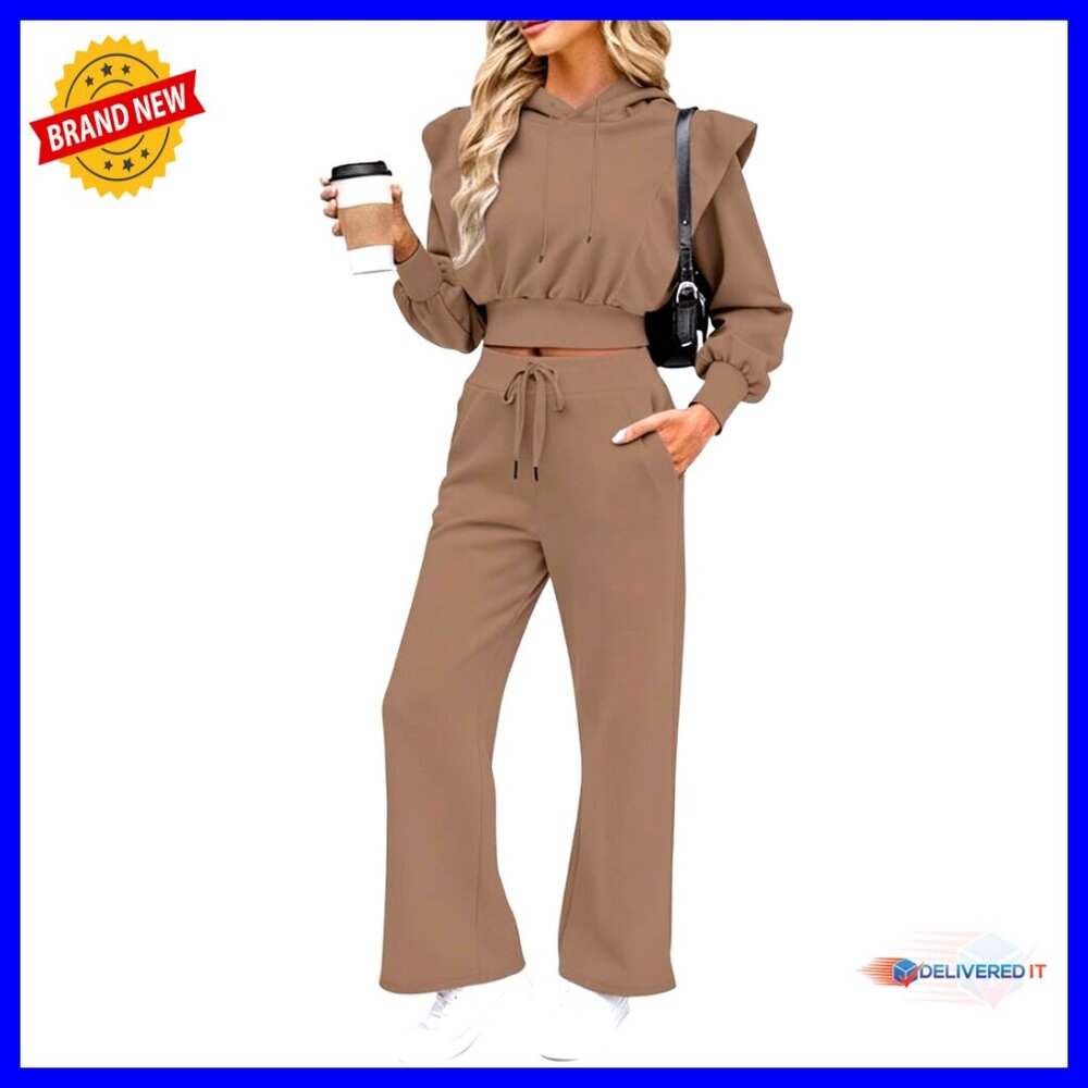 Cropped Hoodie & Wide Leg Sweatpants Set, Polyester Blend, Size Small